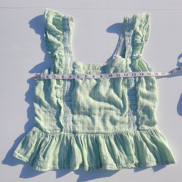 Japna Smocked Crop Top Ruffled Sleeves Mint Green And White Stripes, Sz. LG - Picture 6 of 6